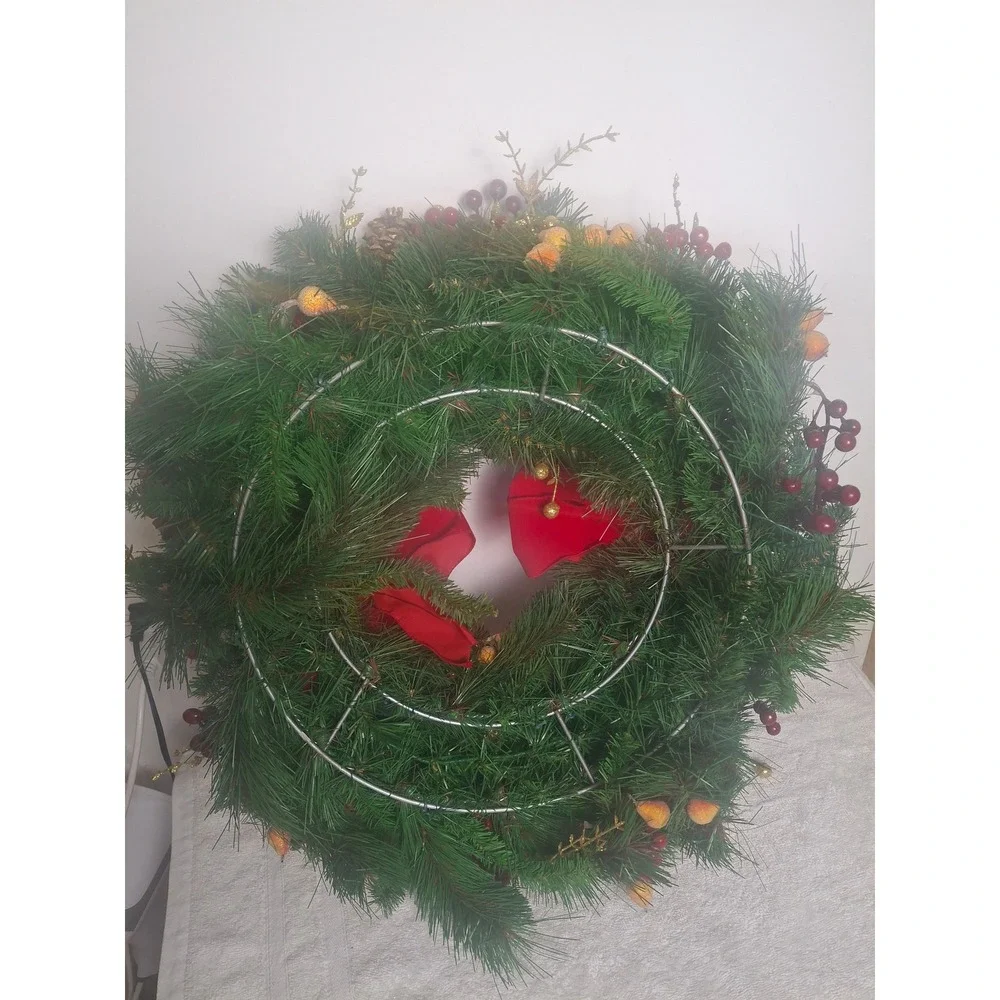 Christmas Wreath Red Velvet Bows Berries Pinecones Artificial Holiday Decor